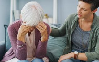Senior mom, stress and daughter with support for mental health crisis